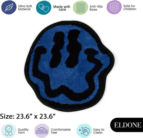 Miniatura 3 de ELDONE Trippy - Tapete de baño de cara feliz azul, alfombras geniales para dormitorio, alfombra de preparación, alfombra hippie antideslizante