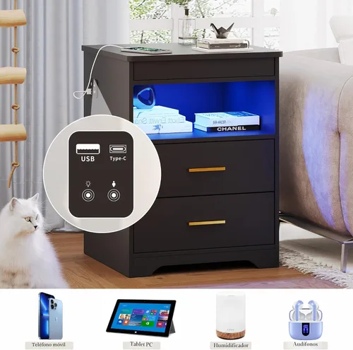 Miniatura 6 de Mesita de noche con cajón para armas, mesa de noche con carga y puerto USB y tipo C, mesita de noche LED con luz sensora humana, mesa auxiliar