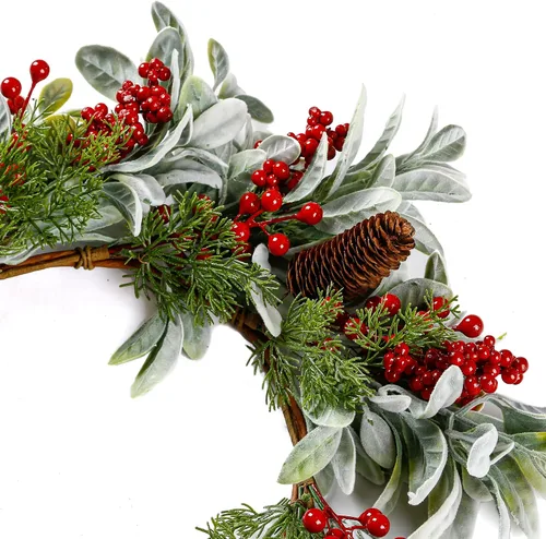 Miniatura 7 de Sggvecsy Corona de Navidad artificial de 19 pulgadas para puerta delantera, corona de orejas de cordero flocado con bayas rojas, agujas de pino