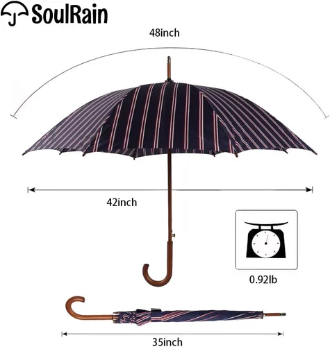 Miniatura 4 de SoulRain Paraguas clásico con mango de madera de 48 pulgadas, apertura automática, resistente al viento, transparente, irrompible, paraguas