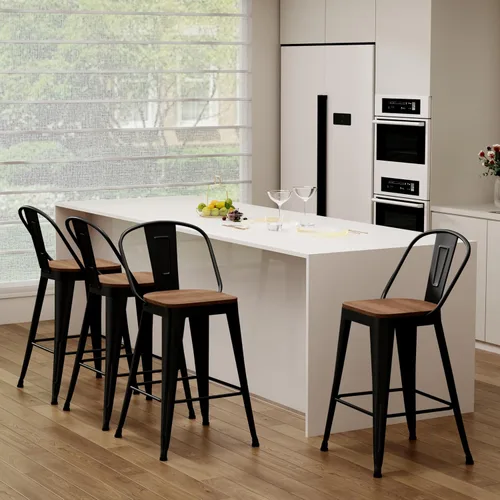 Miniatura 3 de Yongchuang Juego de 4 taburetes de bar de 24 pulgadas, de metal negro, altura de mostrador, con respaldo alto, asiento de madera grande, sillas
