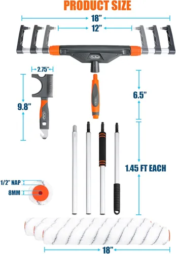 Miniatura 2 de Kit de rodillos de pintura grandes ajustables de 10 piezas de 12 a 18 pulgadas: postes de extensión de aluminio de 1-5 pies, limpiador de brocha