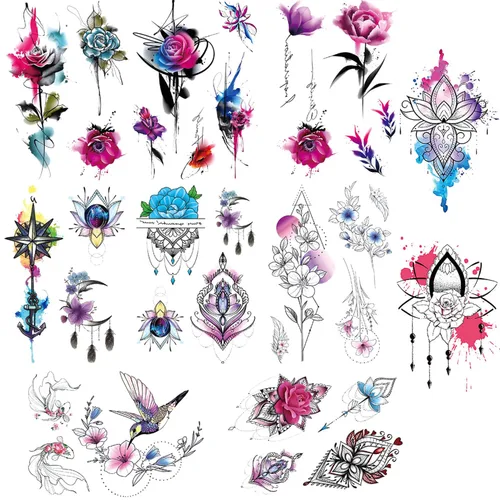 Miniatura 2 de Glaryyears Tatuaje temporal de flores de acuarela para mujeres y niñas, calcomanías realistas de larga duración, paquete de 10 tatuajes falsos