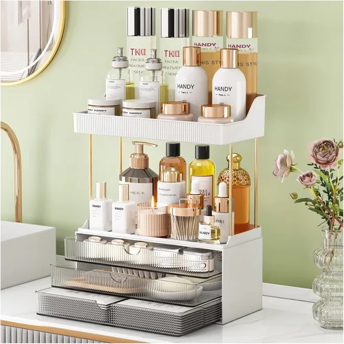 Miniatura 13 de StorBin Organizador de maquillaje de 3 cajones grandes, organizador de encimera de baño de 5 niveles y almacenamiento, organizador versátil de Ámbar