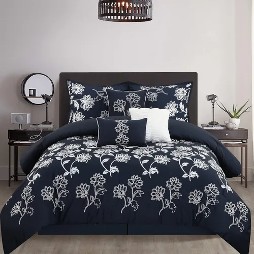 Miniatura 18 de Grand Avenue Juego de edredón de 7 piezas, tamaño California King, edredón con estampado floral, juego de ropa de cama suave a la moda, falda