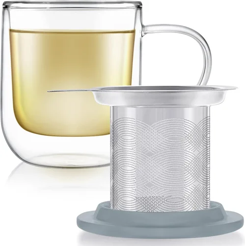 Miniatura 5 de Teabloom Taza de té para uno: taza de vidrio aislada de doble pared (12 onzas), infusor de acero inoxidable, tapa de porcelana/posavasos - ideal