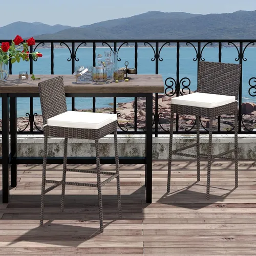 Miniatura 2 de Tangkula Juego de 2 taburetes de mimbre para patio, silla de bar para exteriores con cojín de asiento suave y reposapiés acogedor, marco de metal