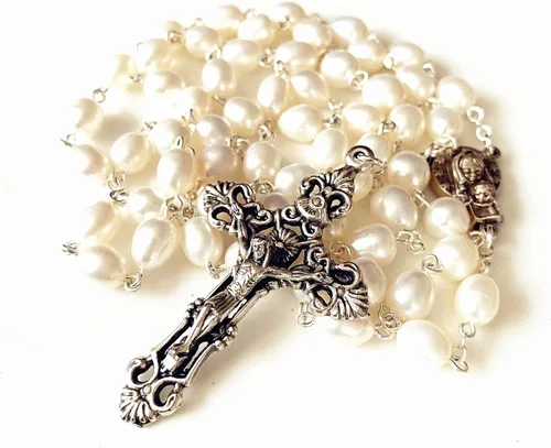 Miniatura 2 de elegantmedical Hecho a mano AAA 8-9MM perla natural perlas rosas rosario crucifijo Jesús cruz católica collar caja, Metal