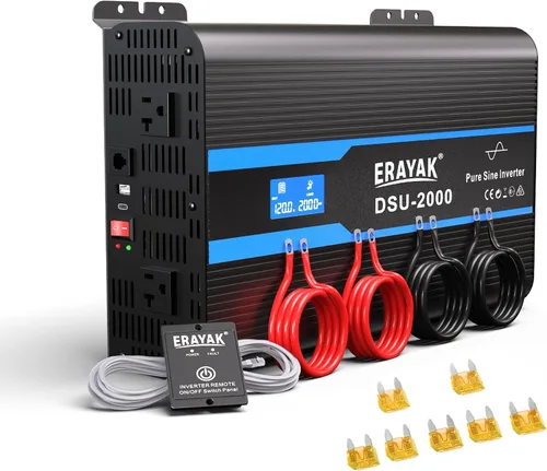 Erayak Inversor de corriente de onda sinusoidal pura de 2000 W, 12 V CC a 110 V 120 V AC para el hogar, RV, camión, solar fuera de la red con USB-C