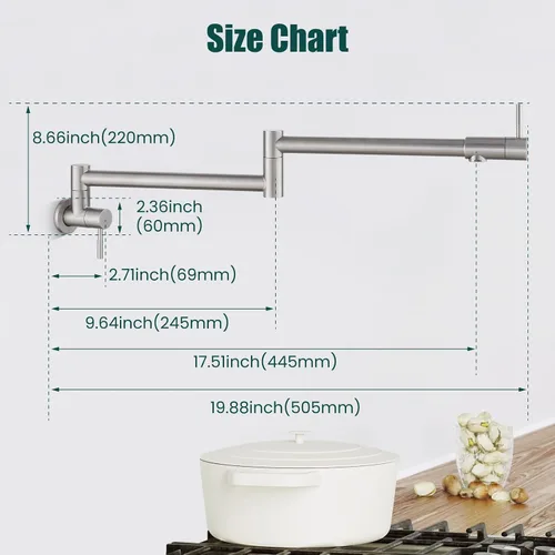 Miniatura 3 de Heyalan Pot Filler - Llenador de ollas de 19 pulgadas para montaje en pared, plegable, extensible, grifo de cocina/restaurante de acero inoxidable