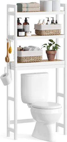 Miniatura 15 de SONGMICS Almacenamiento sobre el inodoro, organizador de baño de 3 niveles sobre el inodoro con estantes ajustables, ganchos, bambú, estantes