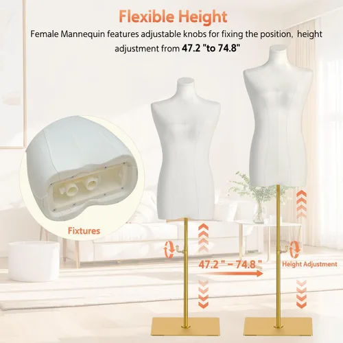 Miniatura 3 de Female Mannequin Torso Sewing: Adjustable Height from 47.2 to 74.8 Inch Female Dress Form for Sewing and Clothing Display - Pinnable Mannequin with