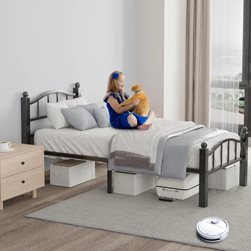 Miniatura 5 de Marcos de cama individuales de metal, diseño sin ruido y almacenamiento debajo de la cama, marcos de cama resistentes con cabecero, no necesita