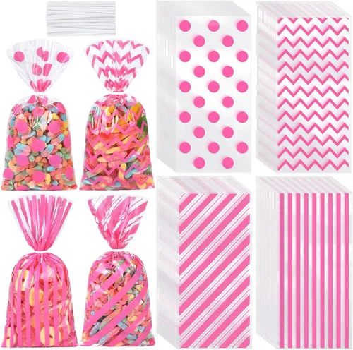 Aodaer 100 bolsas de celofán rosa de 10.6 x 5.1 pulgadas, bolsas de plástico de celofán, bolsa de regalo con patrón de rayas de lunares, bolsa de