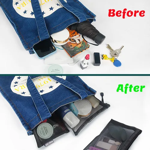 Miniatura 4 de Paquete de 6 bolsas de malla para cosméticos, bolsas de maquillaje de nailon con cremallera para el hogar, oficina, bolsa de pañales (negro)