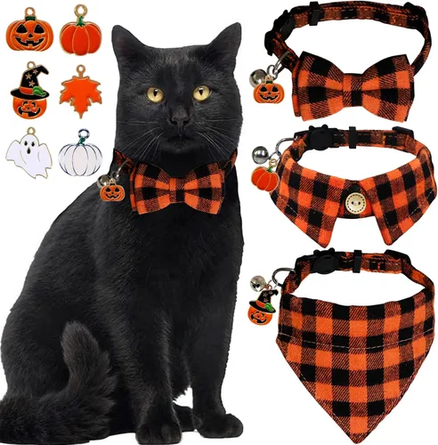 STMK Paquete de 3 collares navideños para gatos con campana, para Halloween, día de Acción de Gracias, gato, gatito, con corbatín, bandana, camisa,