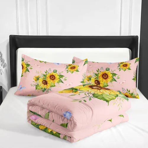 Miniatura 7 de Nttopship Juego de edredón rosa con girasol, tamaño completo para mujeres adultas, juego de ropa de cama floral de mariposa de 3 piezas, edredones