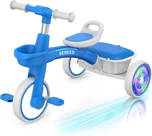 Miniatura 14 de SEREED Triciclo de iluminación colorida para niñas de 2 a 5 años, triciclo ajustable con asiento y manillar, cesta extraíble, idea de regalo de Rosa