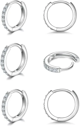 Aretes pequeños en forma de círculo de plata de ley 925 con circonia cúbica, 3 pares de aros chapados en oro blanco de 14 quilates para piercing en