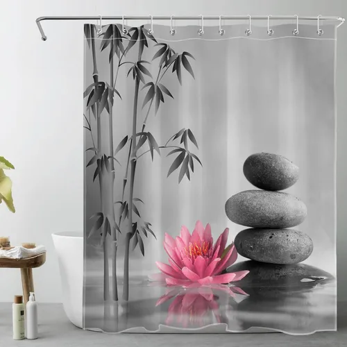 Miniatura 14 de LB Cortina de ducha de spa Zen azul y gris, piedra de bambú gris con flor de lirio de agua azul, cortina de ducha moderna para spa, decoración