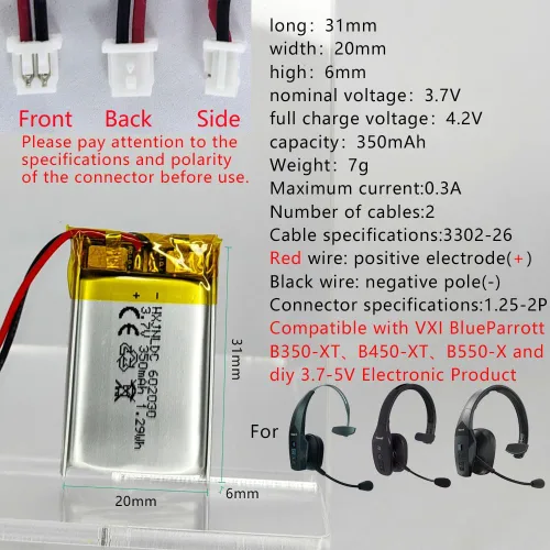 Miniatura 2 de DC 3.7V 350mAh 602030 Batería de litio para auriculares Bluetooth VXI BlueParrott B350-XT B450-XT B550-XT B350XT B450XT B550XT B550XT Bluetooth