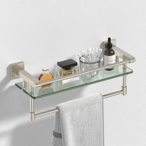 Miniatura 10 de Estante de baño de vidrio con barra para toallas, barra para toallas de acero inoxidable templado/estantes de baño de vidrio templado con riel