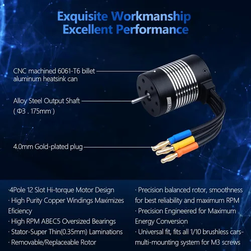Miniatura 2 de Motor sin escobillas para coche RC 1/10 540 3650 5200KV con eje de 3.175 mm de alta velocidad, motor impermeable para la mayoría de las piezas