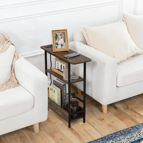 Miniatura 4 de Mesa auxiliar estrecha con estación de carga USB-C, mesa auxiliar delgada de 3 niveles con soporte para revistas, mesa auxiliar delgada moderna