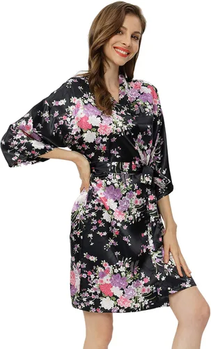 Miniatura 3 de DITSONEO Bata floral para mujer, bata de satén de seda para dama de honor, para boda, vestido de vestir, kimono, ropa de dormir