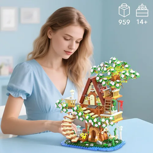 Miniatura 5 de Vziimo Juego de construcción de casa de árbol de cerezo en flor 3 en 1, ideas de casa de árbol de flores para adultos, juguetes coleccionables
