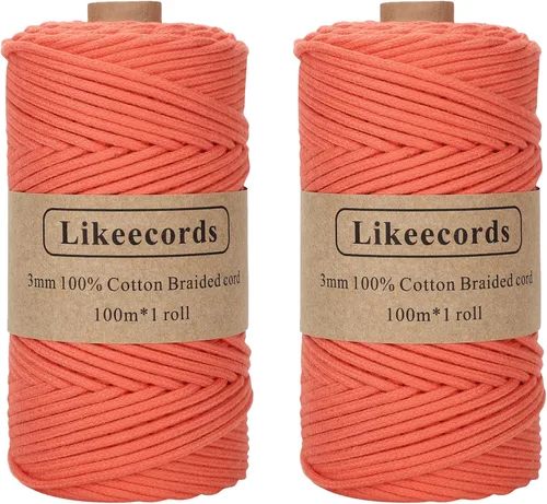Miniatura 34 de Cordón de Algodón Trenzado 3mm x 109 yardas - Cuerda de Macramé Colorida para Manualidades, Ganchos, Colgantes de Pared - 100% Algodón Natural