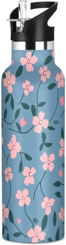 Small Pink Flowers Navy Blue Background Lightweight Gym Water Bottle with Straw Double-Wall Vacuum Insulation for Sport Gym Outdoor Travel School