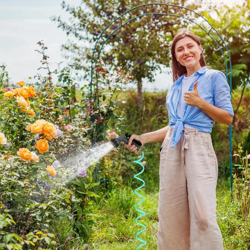 Miniatura 6 de Manguera de jardín enrollada ligera de 25 pies 3/8" EVA flexible con 7 boquillas multifunción y conectores de latón para riego de jardín, plantas