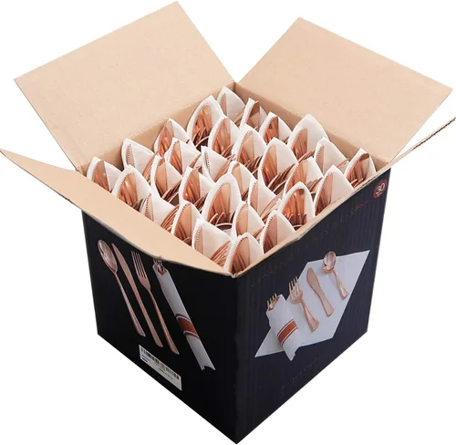 Miniatura 7 de Supernal Juego de 30 cubiertos de plástico de oro rosa, servilletas preenrolladas con cubiertos, cubiertos desechables con servilleta de lino de oro