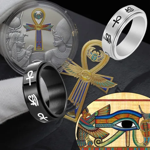 Miniatura 2 de CHEODIN Ojo de Horus anillo giratorio de acero inoxidable para ansiedad, Ankh, anillo de compromiso para mujeres y hombres, anillo de compromiso