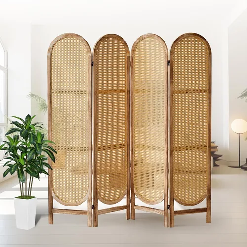 Divisor de habitación de 4 paneles, divisor de habitación plegable de madera con doble bisagra, pantalla de privacidad individual hecha de ratán