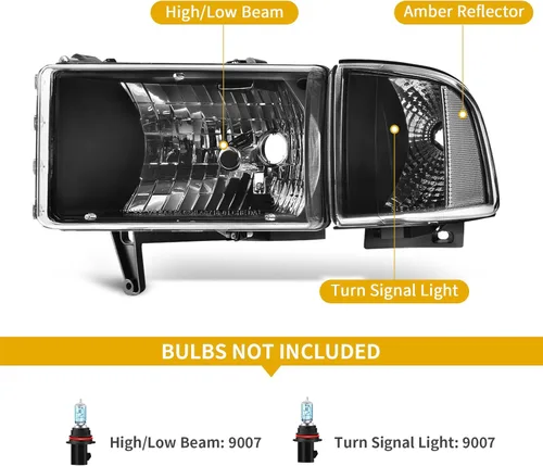 Miniatura 2 de DWVO Conjunto de faros delanteros compatible con Dodge Ram 1994-2001 1500/1994 1995 1996 1997 1998 1999 2000 2001 2002 Dodge Ram 2500 3500 Faros
