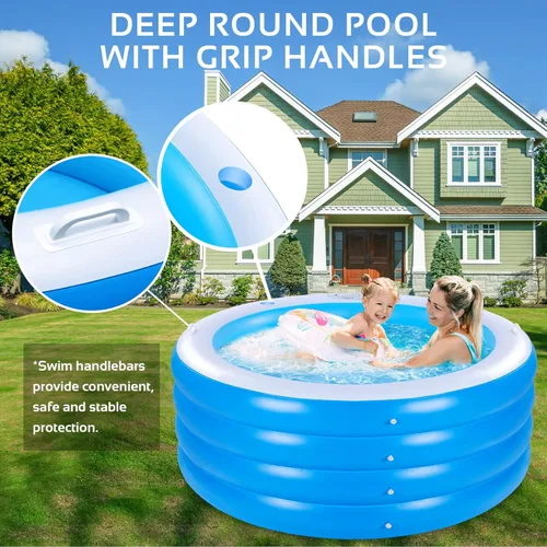 Miniatura 6 de Piscina inflable con asiento, piscina inflable de cuatro niveles de 72 x 27 pulgadas con asas para sostener bebidas, parque acuático familiar de Azul