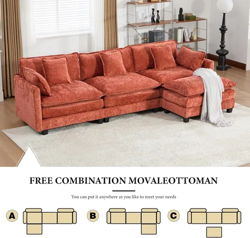 Miniatura 9 de Sofá modular naranja de 111.5 pulgadas, sofás seccionales grandes de 3 plazas para sala de estar, sofá nube de tela de felpilla de gran