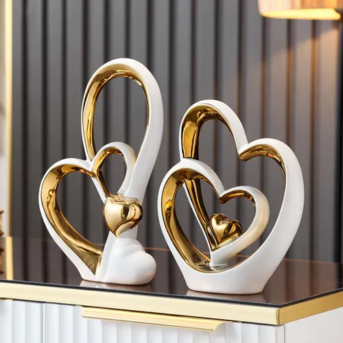 Miniatura 4 de APLUSH Decoración de estatua de doble corazón de porcelana, escultura de artista moderna, decoración del hogar para sala de estar, gabinete de vino
