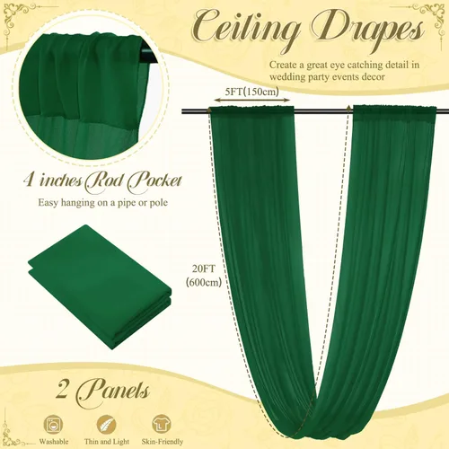 Miniatura 6 de Cortinas de techo verdes para cortinas de boda para techo, tela drapeada, 2 paneles de 5 x 20 pies, cortinas de tela para cortinas de arco de boda