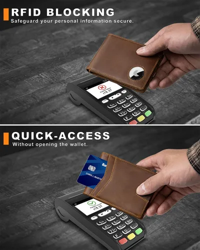Miniatura 5 de Billetera AirTag para hombre, de piel auténtica plegable con bloqueo Rfid AirTag con ranuras para efectivo y ventana de identificación, compatible