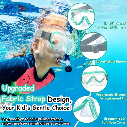 Miniatura 2 de Vvinca Kids-Goggles with Nose Cover, Diving Mask Elastic Fabric Strap Anti Fog Anti Shattered Lens for Kids Swim Goggles 3-14 11-verde