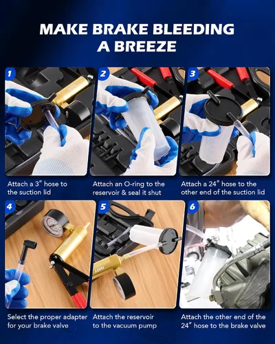 Miniatura 5 de Orion Motor Tech Herramienta de compresión de pinza de freno 2 en 1 y kit de purga de freno, bomba de vacío de mano, herramienta de servicio