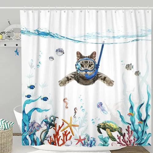 Miniatura 14 de Cortina de Ducha Divertida de Gato Lindo Divertido Árbol de Gato de Dibujos Animados Cortinas de Ducha para Baño Boho Anime Gatitos Niños Granja