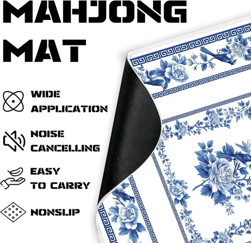 Miniatura 2 de Tapete Mahjong para Mesa, tapete de mesa Mahjong con flor azul, 31 x 31 pulgadas, antideslizante, reducción de ruido, tapete Mah Jong con bolsa
