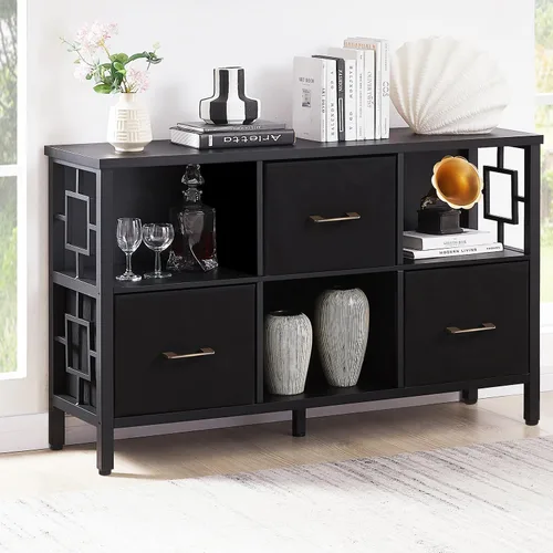 HOMISSUE Estantería organizadora de almacenamiento de 6 cubos, estantería corta rústica con 3 contenedores de almacenamiento, estantería horizontal