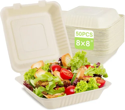 greensight Contenedor de comida compostable para llevar 8 x 8, paquete de 50 cajas de comida desechables para llevar, contenedor de alimentos 8x8"-