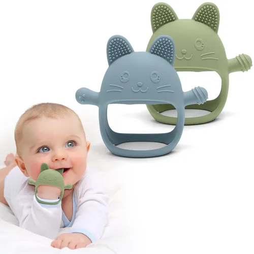 HippoBaby Mordedor de mano de conejo, paquete de 2 – Juguetes de dentición de silicona para bebés, niños pequeños y recién nacidos – 100% grado