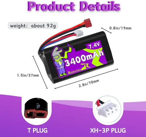 Miniatura 3 de 2S 7.4V 3400mAh con enchufe en T estilo Dean, capacidad recargable, baterías RC aptas para la mayoría de coches y camiones RC escala 1/10, 1/12